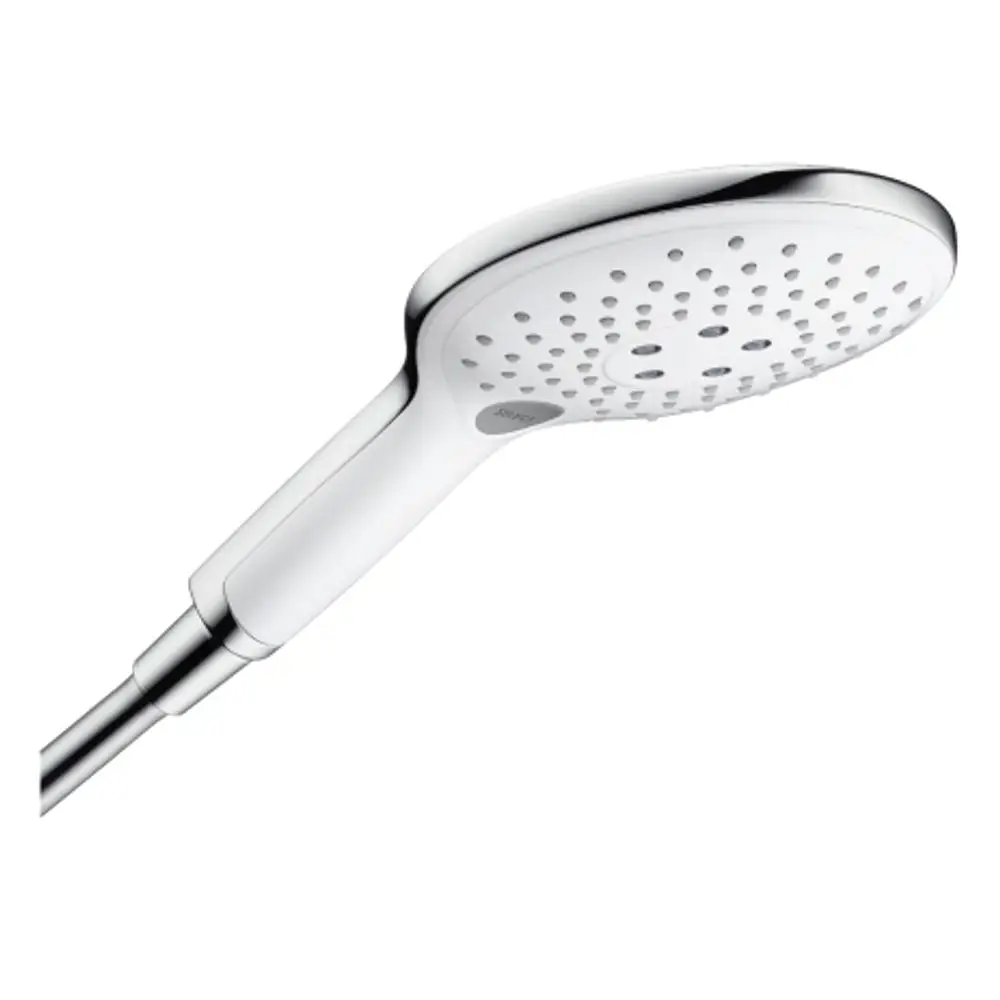 Weißer Duschkopf mit drei Strahloptionen und glänzender Chrom-Oberfläche, hergestellt von Hansgrohe.